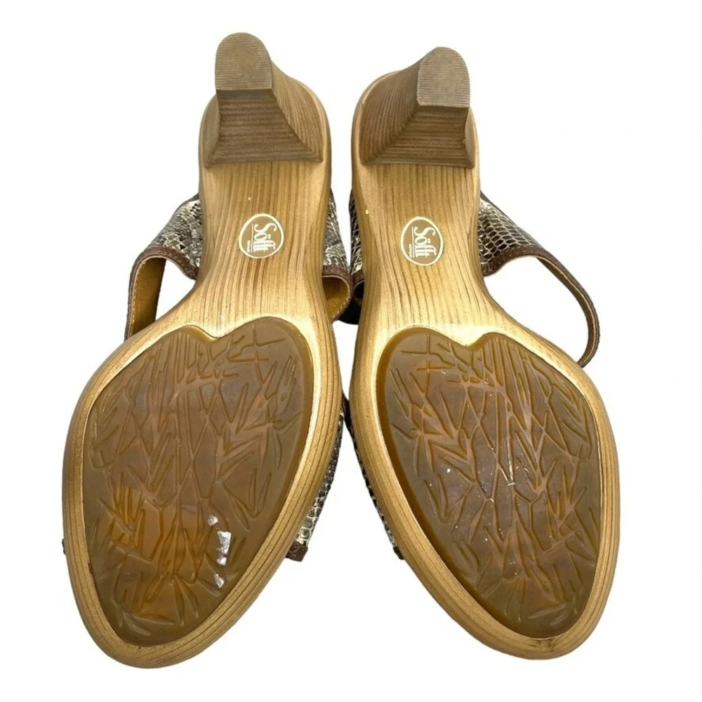 Sofft Brown Leather Snakeskin Print T Strap‎ Heeled Sandals Slides Size 7.5 M